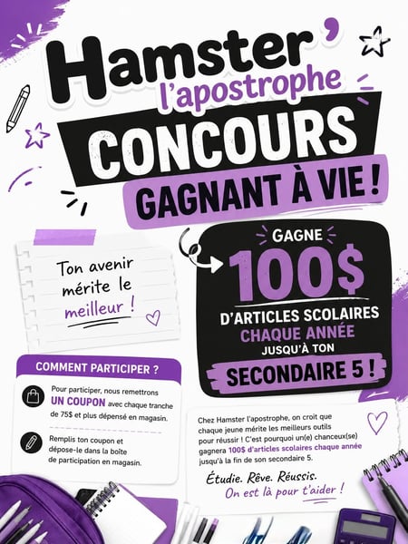 Concours Gagnez 100$ d'articles scolaire par année jusqu'au secondaire cinq!