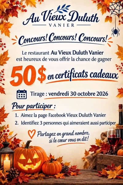Concours Gagnez 50$ en certificats cadeaux Au Vieux Duluth - Vanier!