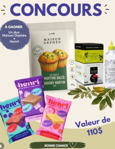 Concours Gagnez  La boîte découverte henrinutrition et un mélange à muffin salé  et un coffret d'huile d'olive de chez maison Orphée!