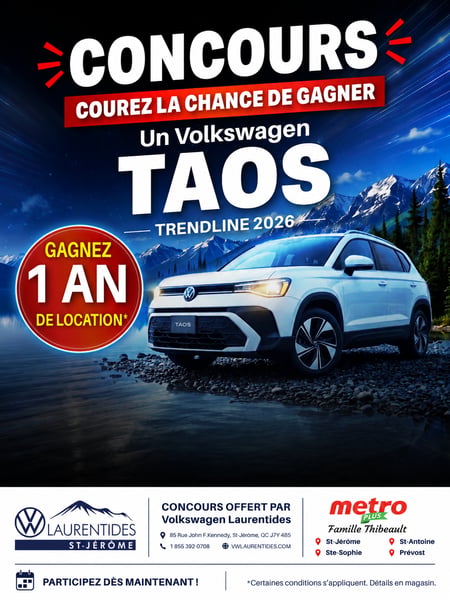 Concours Gagnez la location d'un Volkswagen Taos Trendline 2026 pour une année!