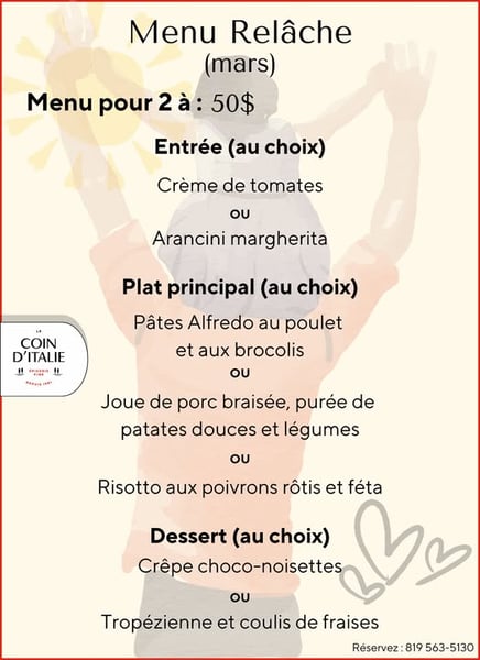 Concours Gagnez le menu relâche pour deux personnes au restaurant Le coin d'Italie!