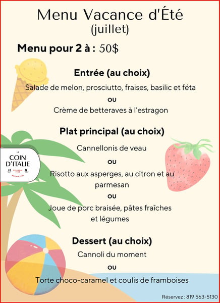 Concours Gagnez le menu Vacances pour deux personnes au restaurant Le Coin d'Italie!