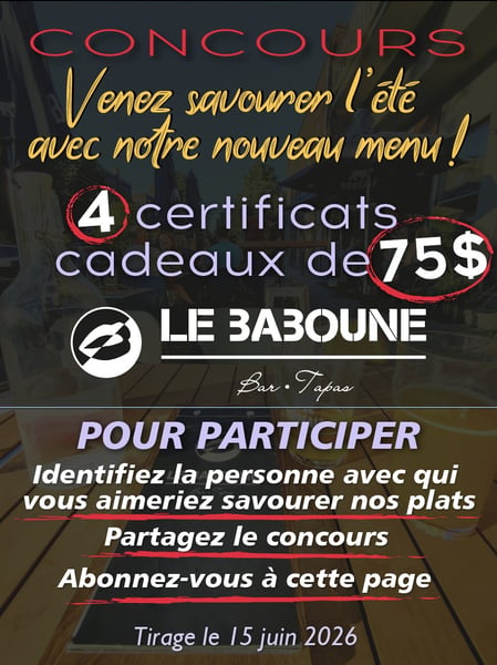 Concours Gagnez l'un des 4 certificats-cadeaux de 75$ Le Baboune Bar Tapas!