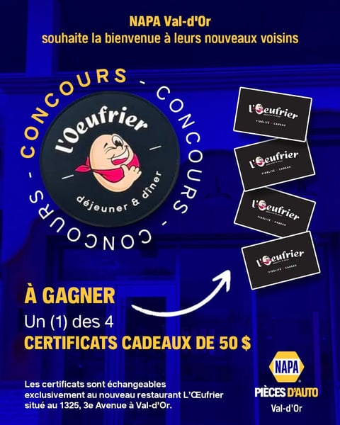 Concours Gagnez l'un des quatre certificats cadeaux NAPA Pièces d'auto / CMAX Val-d'Or de 50$!
