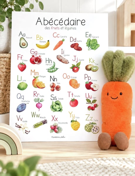 Concours Gagnez une affiche Abécédaire des fruits et légumes et une peluche carotte Jellycat!