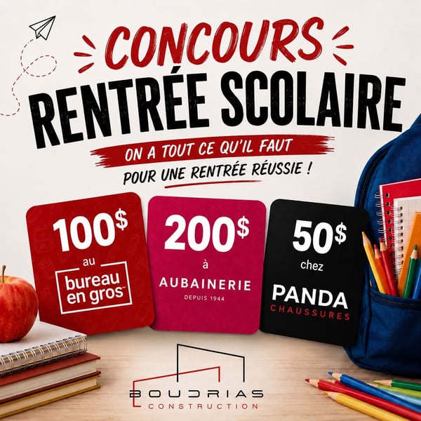 Concours Gagnez une carte-cadeau Bureau en Gros de 100$ une carte-cadeau l'aubainerie de 200$ et une carte-cadeau Panda Chaussures de 50$!