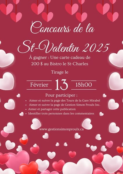 Concours Gagnez une carte cadeau de 200$ pour un repas en amoureux au Bistro Le St-Charles à Mirabel!