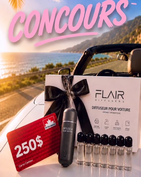 Concours Gagnez une carte-cadeau d'essence de 250$, un diffuseur Flair pour voiture et un coffret découverte de fragrances Flair!