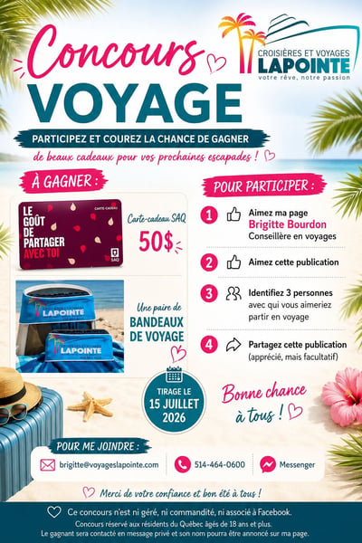 Concours Gagnez une carte-cadeau SAQ de 50$ et une paire de bandeaux de voyage Croisières et Voyages Lapointe!