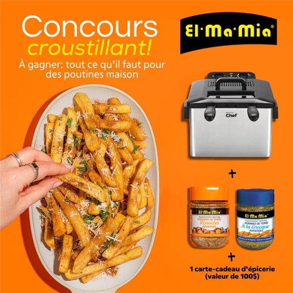 Concours Gagnez une friteuse, une carte cadeau d'épicerie et un assortiment d'assaisonnements El-Ma-Mia! Concours Gagnez une friteuse, une carte cadeau d'épicerie et un assortiment d'assaisonnements El-Ma-Mia!