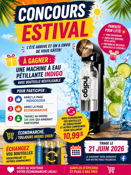 Concours Gagnez une machine à eau pétillante Indigo avec bouteille réutilisable!