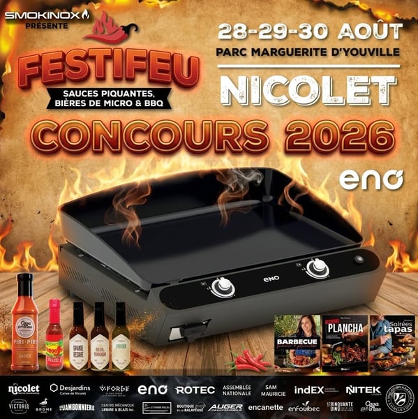 Concours Gagnez une plancha ENO Bergerac 2400 accompagnée d'un kit complet de livres de recettes et de sauces piquantes!