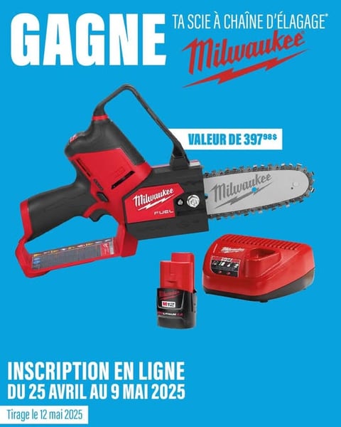 Concours GAGNON - La Grande Quincaillerie - Gagne ta scie à chaîne et un ensemble de démarrage Milwaukee! Concours GAGNON - La Grande Quincaillerie - Gagne ta scie à chaîne et un ensemble de démarrage Milwaukee!