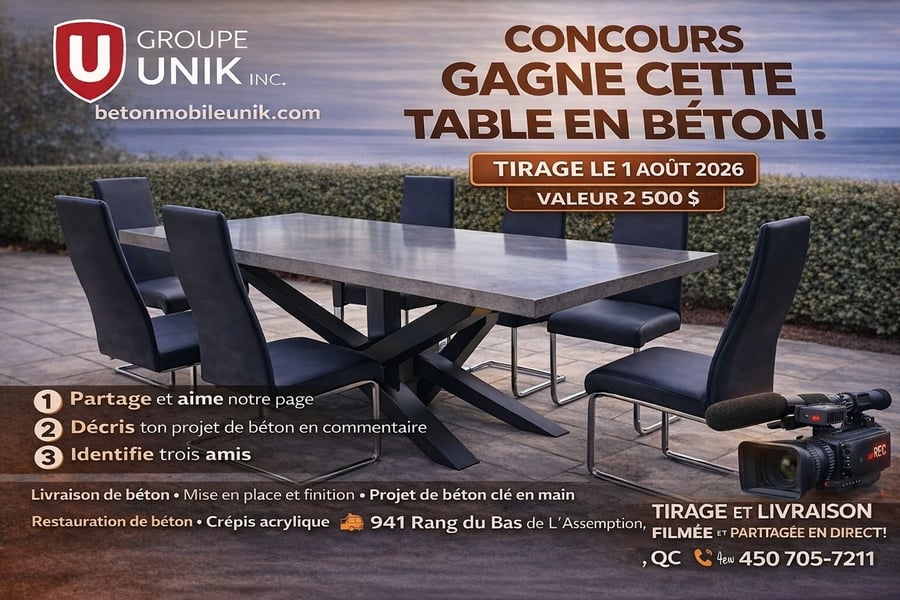Concours Groupe Unik Béton - Gagne cette Table en Béton d'une Valeur de 2 500$