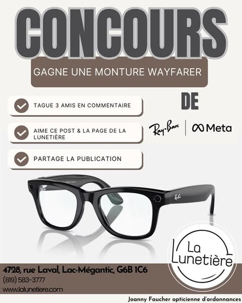 Concours La Lunetière - Gagnez une monture Wayfarer Ray-Ban par Meta de votre choix ! Concours La Lunetière - Gagnez une monture Wayfarer Ray-Ban par Meta de votre choix !