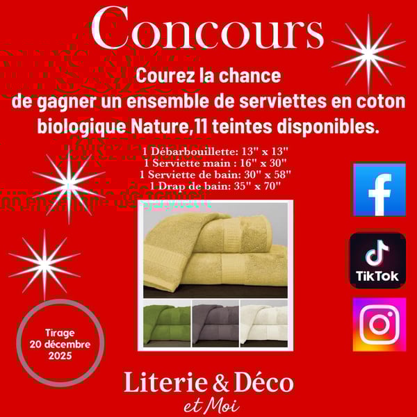 Concours Literie & Déco et moi - Ensemble de Serviettes en Coton Biologique Nature à GAGNER