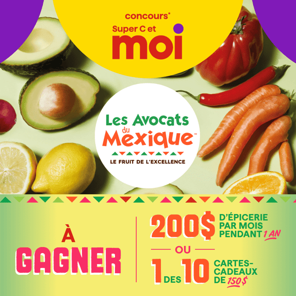 Concours Super C - Gagnez 200 $ d'épicerie par mois pendant un an ou une des 10 cartes-cadeaux de 150 $. Concours Super C - Gagnez 200 $ d'épicerie par mois pendant un an ou une des 10 cartes-cadeaux de 150 $.