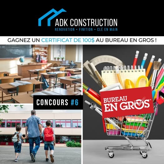 Concours ADK Construction - Gagnez 100$ au Bureau en gros ! Concours ADK Construction - Gagnez 100$ au Bureau en gros !