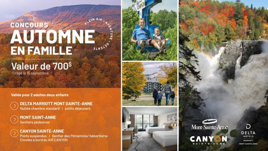 Concours Canyon Sainte-Anne - Gagnez un forfait vacances pour 2 adultes et 2 enfants. Concours Canyon Sainte-Anne - Gagnez un forfait vacances pour 2 adultes et 2 enfants.