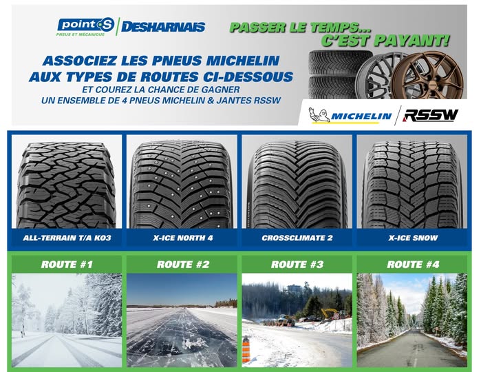 Concours Desharnais pneus & mécanique - Gagnez 4 pneus de marque Michelin munis de jantes RSSW ainsi que l'installation complète! Concours Desharnais pneus & mécanique - Gagnez 4 pneus de marque Michelin munis de jantes RSSW ainsi que l'installation complète!