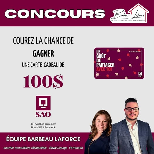 Concours Équipe Barbeau Laforce - Gagnez une carte cadeau de 100 $ à la SAQ! Concours Équipe Barbeau Laforce - Gagnez une carte cadeau de 100 $ à la SAQ!