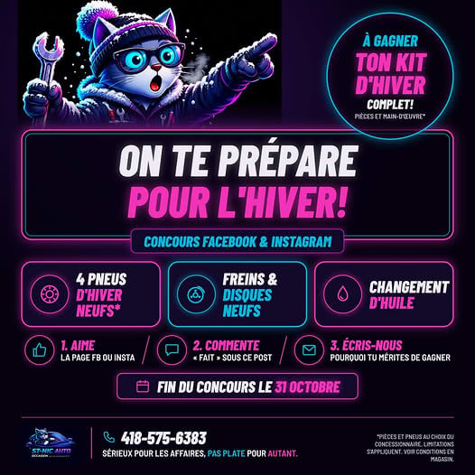 Concours Gagnez quatre pneus d’hiver neufs, freins et disques neufs et un changement d’huile!