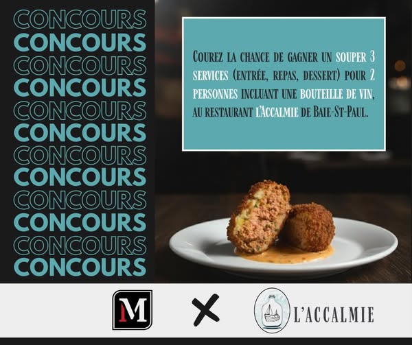 Concours Gagnez un souper trois services au restaurant l'Accalmie de Baie-St-Paul!