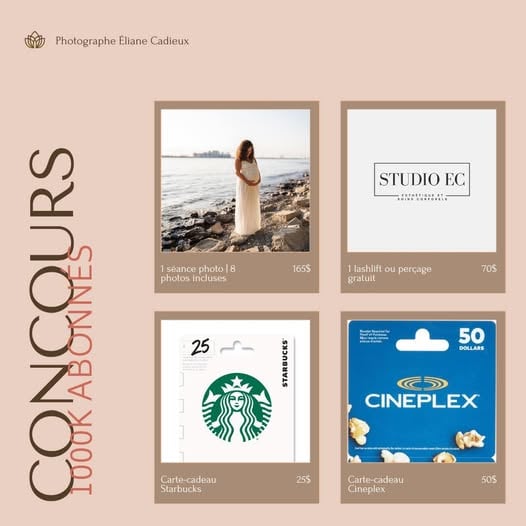 Concours Gagnez une séance photo, un lashlift une carte-cadeau Starbuck de 25$ et une carte-cadeau Cinéplex de 50$!
