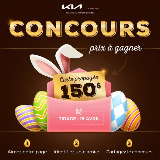 Concours Kia Sorel-Tracy - Gagnez une carte prépayée de 150$! Concours Kia Sorel-Tracy - Gagnez une carte prépayée de 150$!