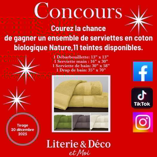 Concours Literie & Déco et moi - Gagnez un ensemble de serviettes en coton biologique Nature