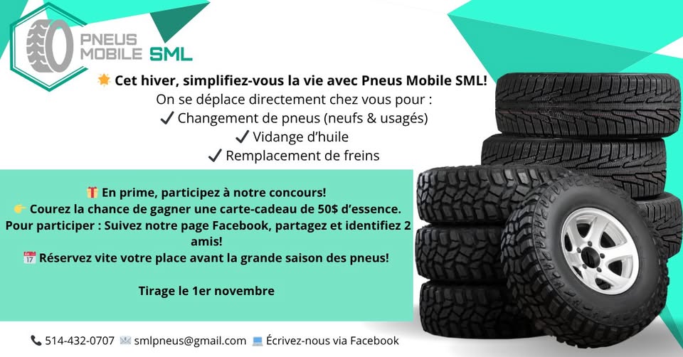 Concours Pneus mobile SML - GAGNEZ 50$ EN ESSENCE! Concours Pneus mobile SML - GAGNEZ 50$ EN ESSENCE!