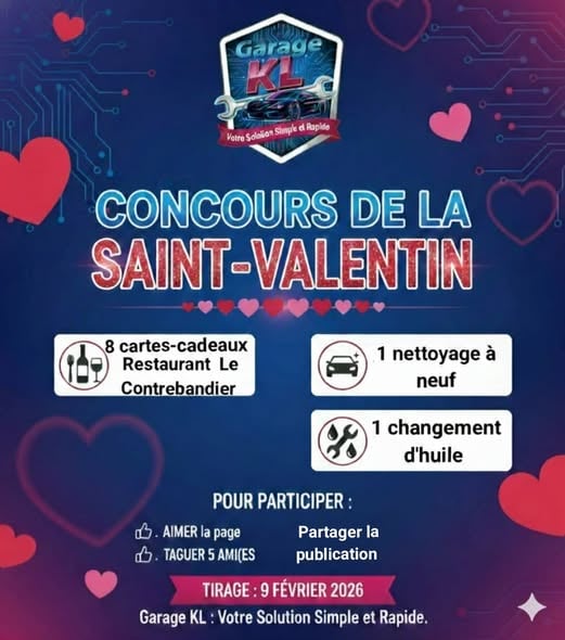 Concours St-Valentin Garage KL- Gagnez un repas au restaurant le Contrebandier!