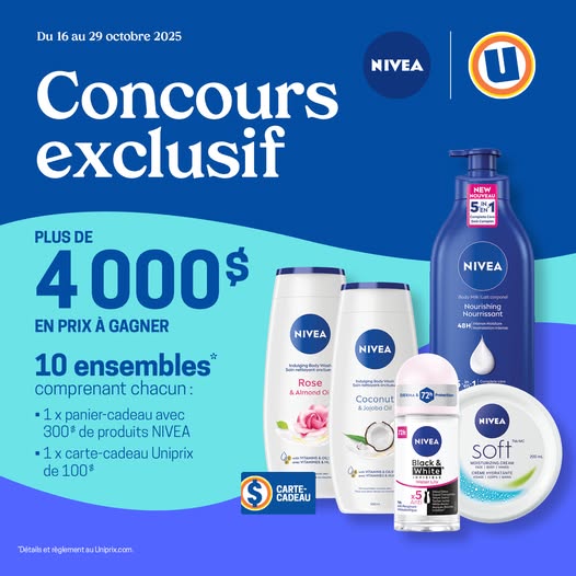 Concours Uniprix et Nivea - Gagnez l’un des 10 ensembles cadeaux d'une valeur total de 4000$. Concours Uniprix et Nivea - Gagnez l’un des 10 ensembles cadeaux d'une valeur total de 4000$.