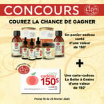 Concours Gagnez prix d'une valeur totale de 300$ comprenant un panier-cadeau santé Clef Des Champs et une carte-cadeau La Boite à Grains!