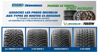 Concours Desharnais pneus & mécanique - Gagnez 4 pneus de marque Michelin munis de jantes RSSW ainsi que l'installation complète! Concours Desharnais pneus & mécanique - Gagnez 4 pneus de marque Michelin munis de jantes RSSW ainsi que l'installation complète!