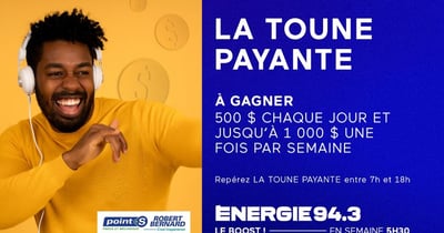 Concours Energie 94,3 - Repérez la TOUNE PAYANTE pour gagner jusqu’à 1000$ en prix!