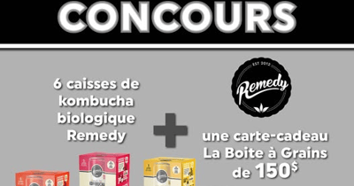 Concours Gagnez 6 caisses de kombuchas biologiques Remedy Drinks et une carte-cadeau La Boite à Grains de 150$!