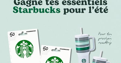 Concours Gagnez deux cartes-cadeaux de 50$ et deux tasses de voyage Starbuck!