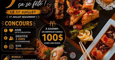 Concours Gagnez un certificat-cadeau de 100$ chez Uni sushi Candiac!