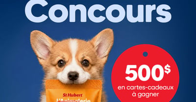 Concours Gagnez une carte-cadeau St-Hubert de 250$ et une carte-cadeau Mondou de 250$!