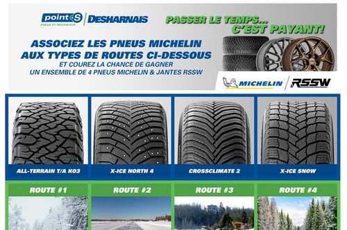 Concours Desharnais pneus & mécanique -  Gagnez 4 pneus de marque Michelin munis de jantes RSSW ainsi que l'installation complète!