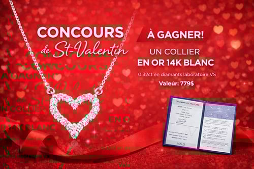 Concours Gagnez un collier en or blanc 14K, serti de 0.32 carat de diamants de laboratoire!