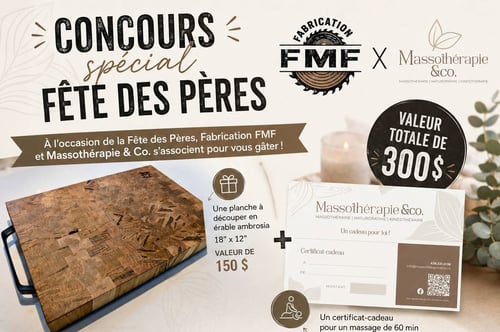 Concours Gagnez une planche à découper en érable ambrosia de 18" x 12" et un certificat-cadeau pour un massage de 60 minutes!