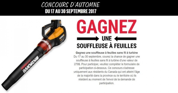 Concours Gagnez une souffleuse à feuilles sans fil à turbine! Concours Gagnez une souffleuse à feuilles sans fil à turbine!