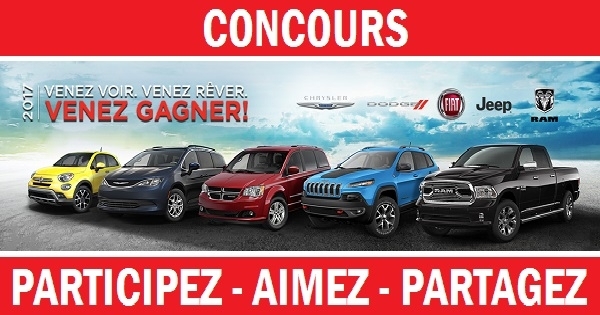 Concours Gagnez un véhicule Chrysler, Dodge, Jeep, Ram ou FIAT de votre choix! Concours Gagnez un véhicule Chrysler, Dodge, Jeep, Ram ou FIAT de votre choix!
