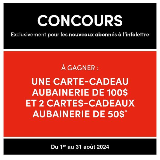 Concours Aubainerie Entrepot - Gagnez une carte-cadeau de 100$ ou l'une des 2 cartes-cadeaux de 50$