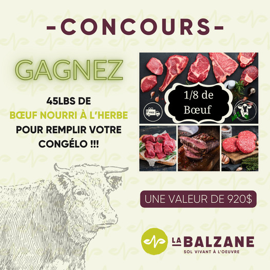 Concours GAGNEZ 1/8 de bœuf local nourri à l'herbe!