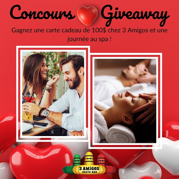 Concours Gagnez une carte cadeau de 100 $ chez 3 Amigos et une journée au spa! Concours Gagnez une carte cadeau de 100 $ chez 3 Amigos et une journée au spa!