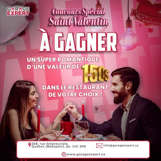 Concours Garage Expert - Gagnez  Un souper romantique d’une valeur de 150$ dans le restaurant de votre choix!