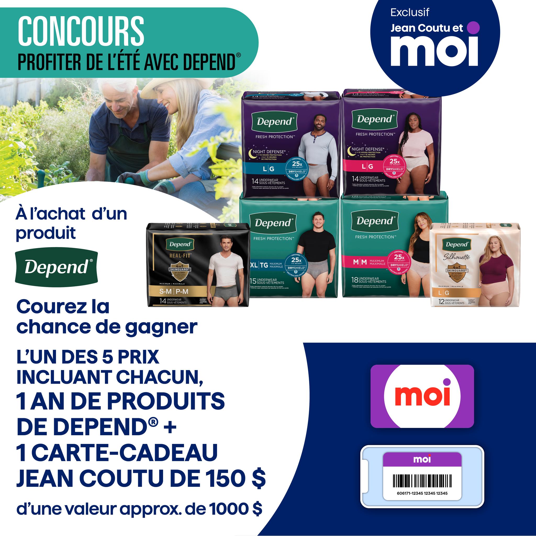 Concours Jean-Coutu - Gagnez l’un des 5 prix incluant chacun un an de produits Dépend et une carte-cadeau Jean Coutu d’une valeur de 150$!